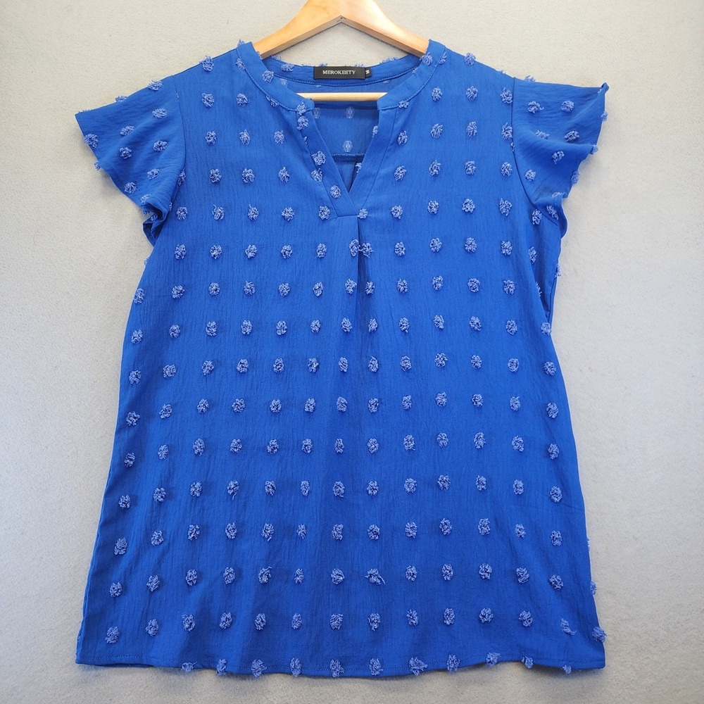 Merokeety Blue Swiss Dot Blouse Flutter Sleeve Split V-Neck Pom‎ Pom Top Medium